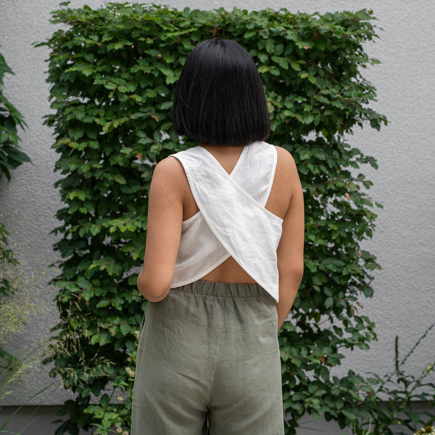 The Serena Linen Cross Back Crop Top // Pure White // Natural